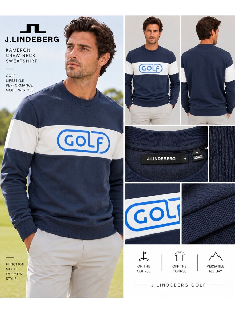 J.Lindeberg Kameron Golf Crew Neck Sweatshirt Navy White SAMPLE Men’s M